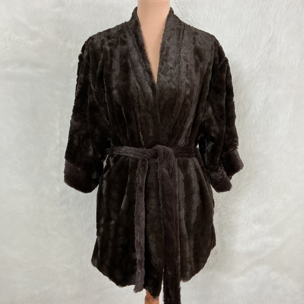 Natori Brown Faux Fur Short Belted Robe Lounge Wrap S